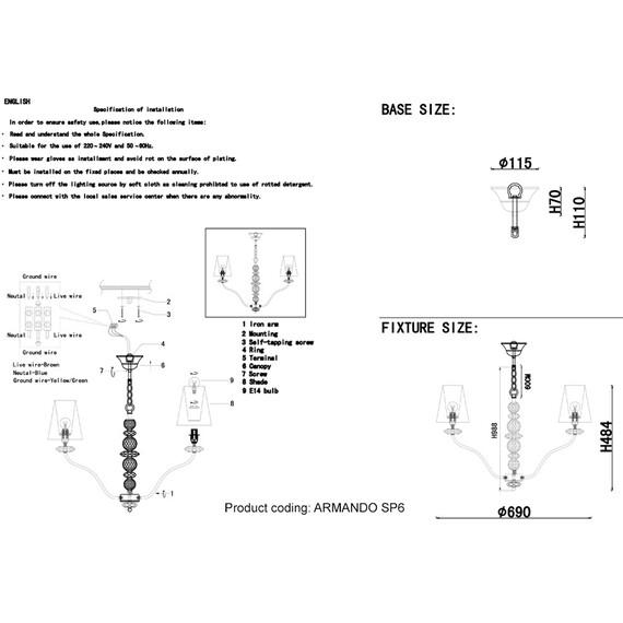 Подвесная люстра Crystal Lux ARMANDO SP6 GOLD, фото , изображение 3